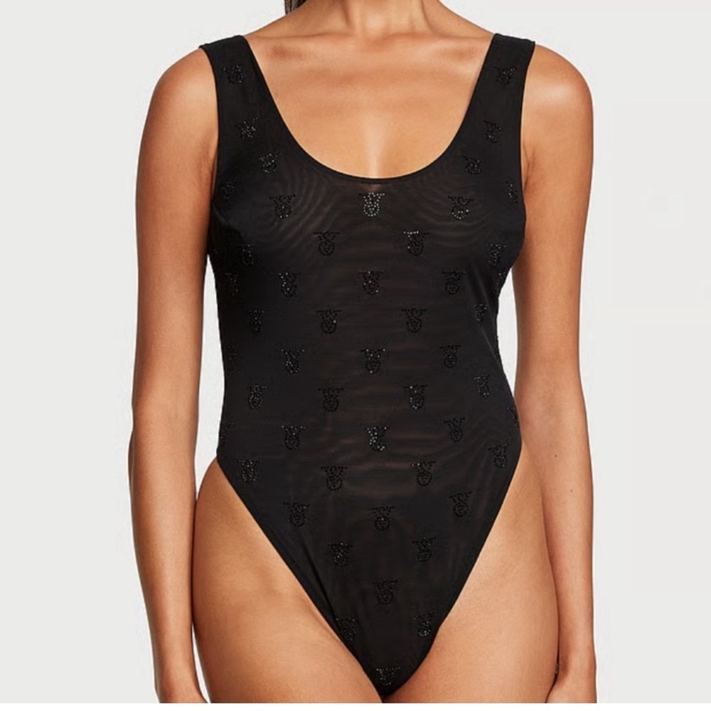 NEW Victoria's Secret VERY SEXY Shine Mesh Sheer Tank Bodysuit Black